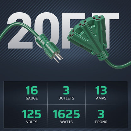 Green 12-Foot 16/3 Extension Cord with Three-Outlet Splitter, 13A 125V and 1625W Pictured Label
