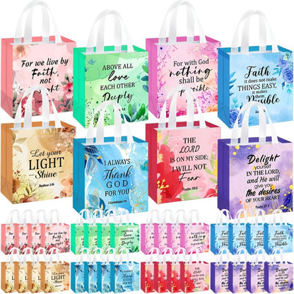 Gift Bag Set Bible Verse Floral Prints, 32 or 64 Non-Woven Handle Bags in Eight Designs, 8.7 x 9 x 4.3 Inch Size