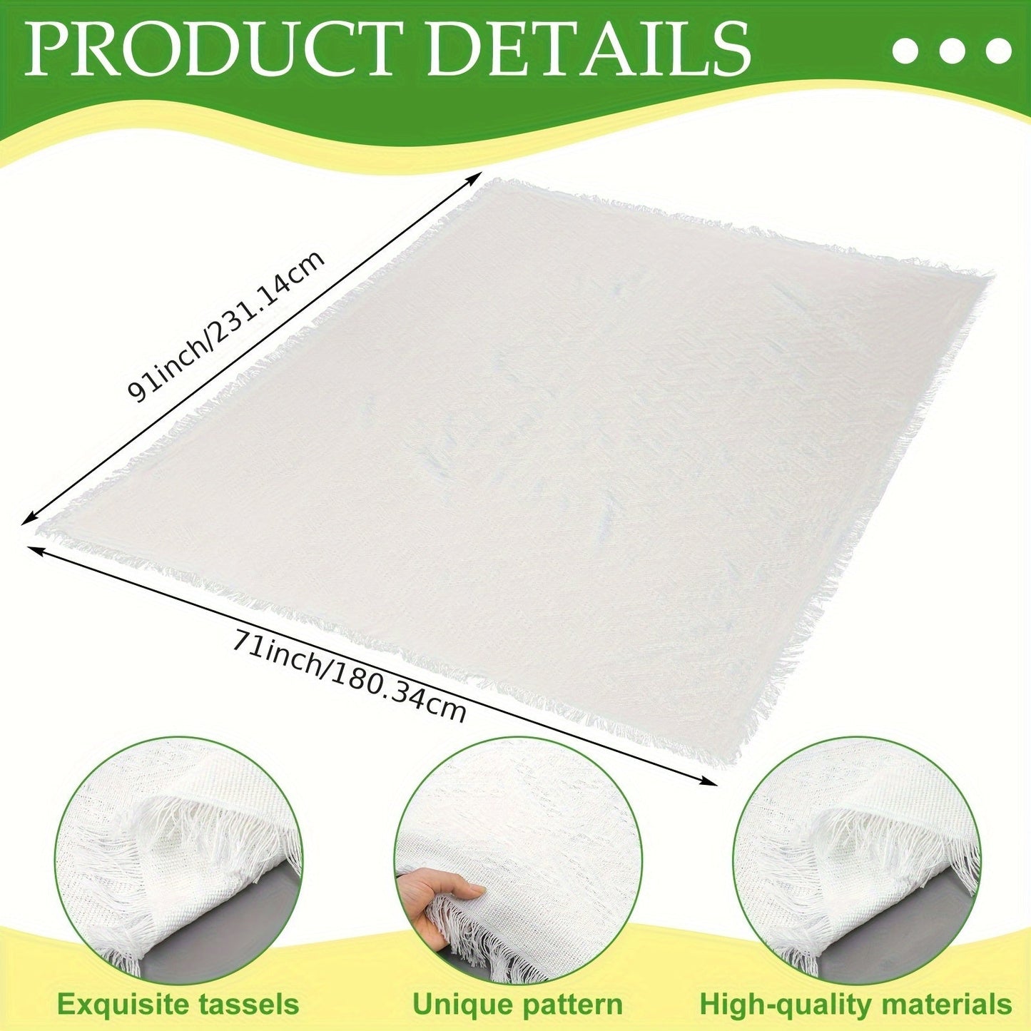 91 x 71-Inch Picnic Blanket in White Woven Cotton with Subtle Geometric Texture and Fringe Edges