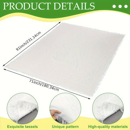 91 x 71-Inch Picnic Blanket in White Woven Cotton with Subtle Geometric Texture and Fringe Edges