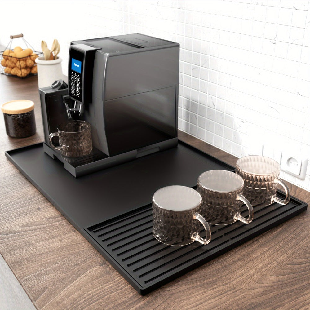 Coffee Bar Mat Silicone with Raised Edges 2-in-1 - Dish Drying Mat for Countertop, Coffee Maker Espresso Machine Mat, Spill Proof Kitchen Counter Mat 23.6" x 15.7", Black or Gray