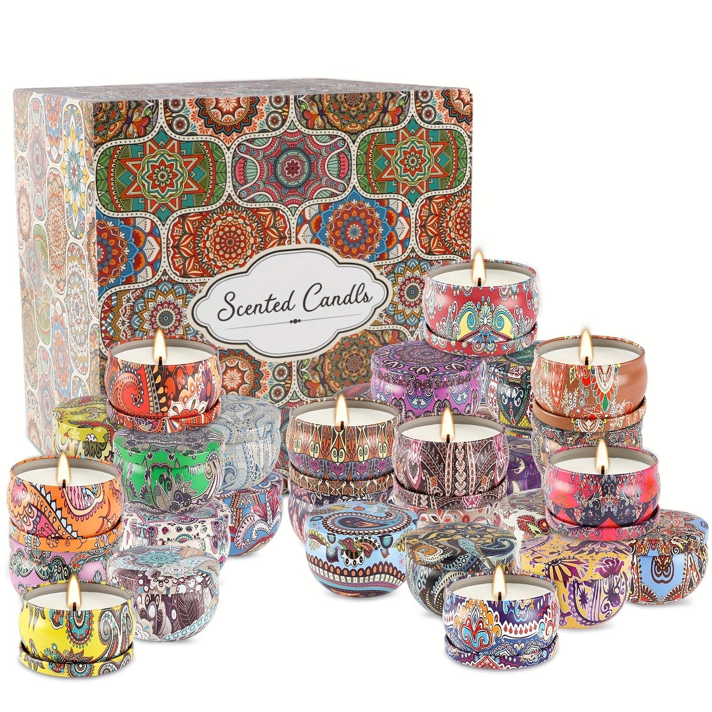 36-Piece Candle Gift Set with Lidded 2.5oz Decorative Tins in Three Coordinated Design Families