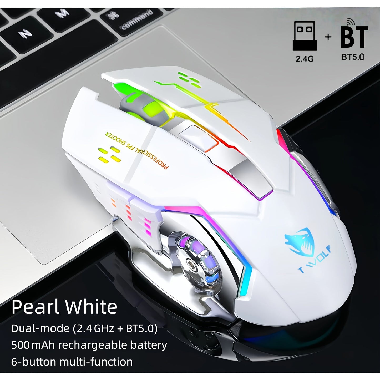 RGB Dual-Mode Wireless Gaming Mouse with Bluetooth 5.0, 2.4 GHz Receiver and Four Color Options