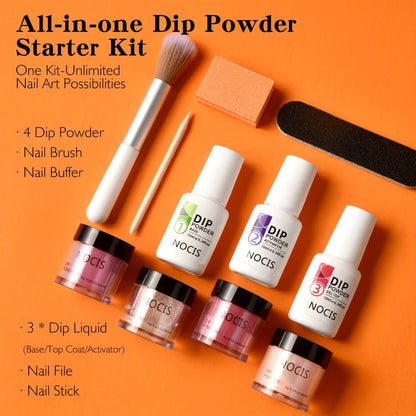 Dip Powder Nail Kit with NOCIS Label, Four Brown Nude Burgundy Glitter Powders, Three 10ml Liquids and Tools