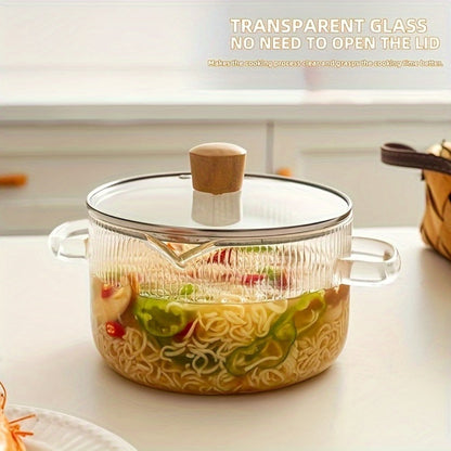 Ribbed Transparent Glass Cooking Pot with Lid in 60.87oz or 77.77oz Sizes, Clear Side Handles and Pouring Spout