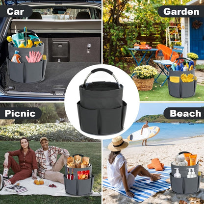 Foldable Cleaning Caddy Organizer 17L with Handle – Portable Collapsible Bucket Bag with 6 Pockets for Cleaning Supplies, Toiletries & Garden Tools, Multi-Purpose Home Travel Basket