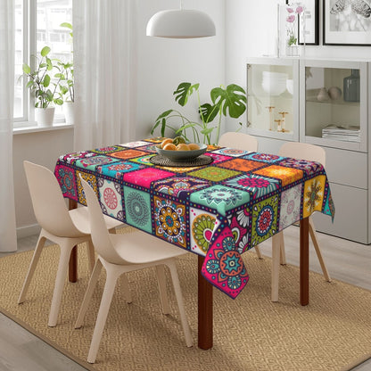 Tablecloth with Colorful Patchwork Mandala Print in Round, Square and Rectangle Size Options