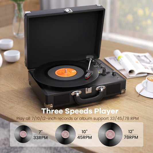 Bluetooth Vinyl Record Player with Built-in Speakers, Maio C200 3-Speed Belt-Driven Turntable, Hi-Fi Stereo Gramophone, 3.5mm Output, RCA Out, Suitcase Style, Best Holiday Gift for Music Lovers