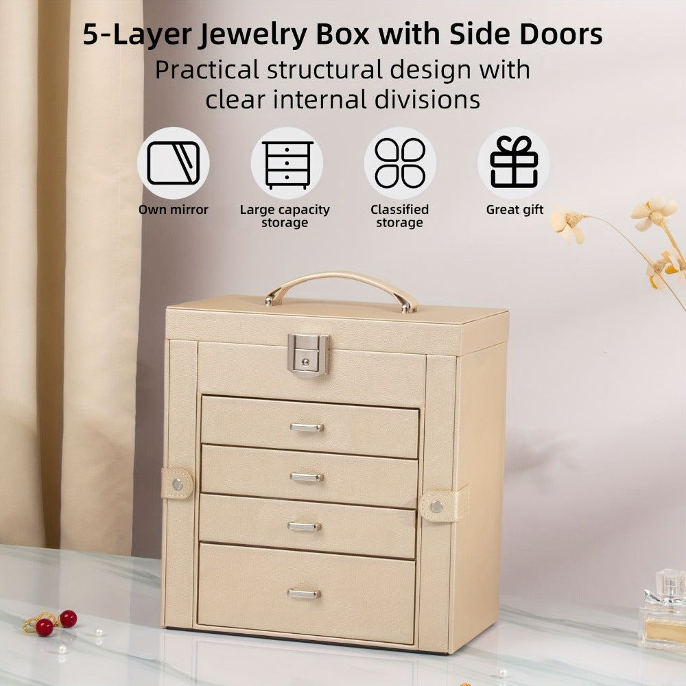 Large Jewelry Box 5-Tier PU Leather Organizer with Lock & Mirror – Storage Case for Bracelets, Earrings, Rings & Necklaces