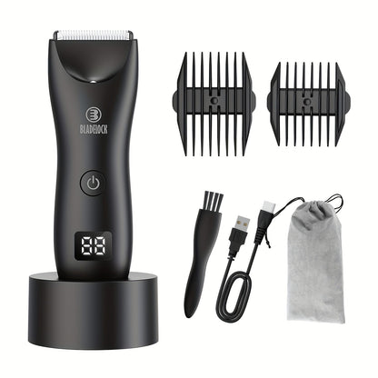 Manscaping Trimmer for Men IPX7 Waterproof Electric Groin & Ball Trimmer Ceramic Blades LCD Battery Display Replaceable Head - Body Hair Shaver Groomer Black Grey
