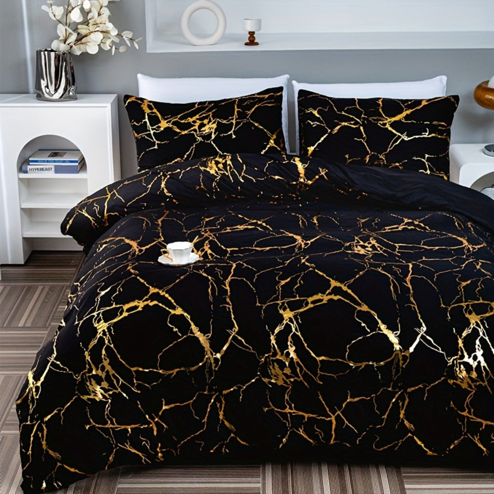 3-Piece Duvet Cover Set with Bronzed-Look Marble Vein Print in White, Khaki or Black and Four Sizes