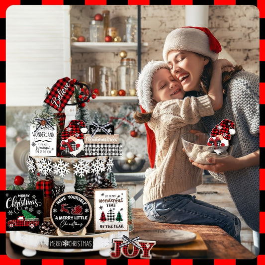 Tiered Tray Decor Set 15/20pcs Winter Christmas Farmhouse Wooden Signs - Buffalo Check Snowflakes Trees Dwarfs Trucks Valentine Easter Holiday Table Display Decorations