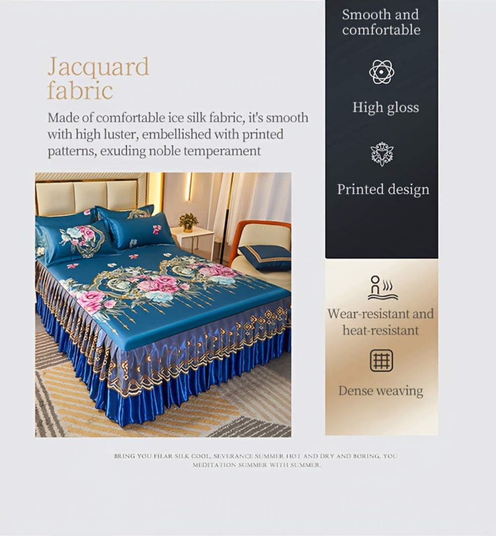Ruffled Floral Bedspread Mat Set with Two Pillowcases, Twin to King Sizes and Four Pattern Choices