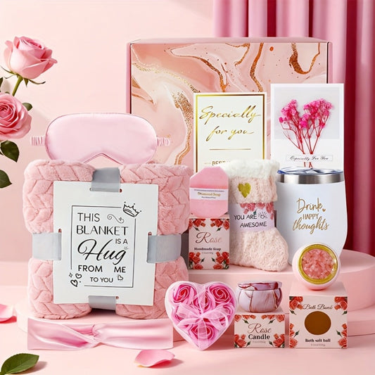 Luxury Spa Gift Set for Women 10-Piece Rose Scented Candles Bath Salt Balls Dried Flowers Eye Mask Soap Blanket Socks Hair Ribbon Gift Card Birthday Christmas Mother's Day Valentine Gift