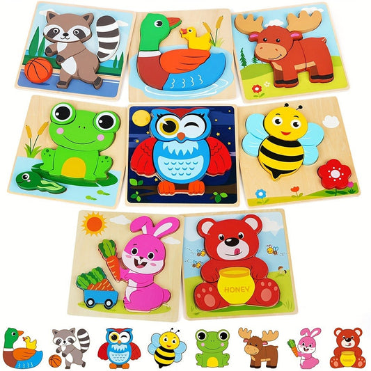 Baby Animal Wooden Puzzles for Toddlers 8 Pack – Infant Learning Toy 12 Months+, Bear Bunny Owl Frog Bee Duck Moose Raccoon, Fine Motor Skills Educational Gift for Boys Girls Christmas Birthday