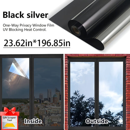 One Way Privacy Window Film Static Cling No Glue - Heat Control Anti-Glare Sun Blocking Reflective Mirror Tint for Home Office Hotel, Nano Ceramic 5Mil PVC, Easy Install Removable Window Privacy Film