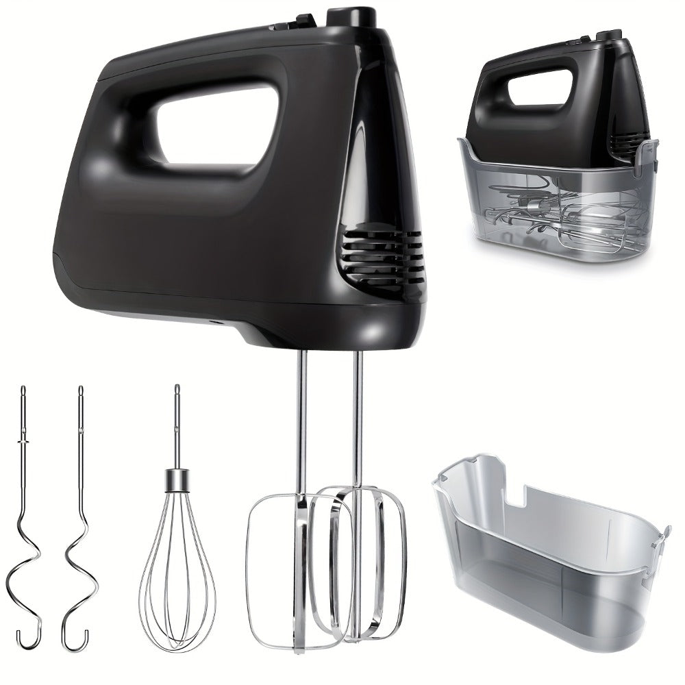 Electric Hand Mixer 250W with Storage Case – 5-Speed Plus Turbo Handheld Mixer with 5 Stainless Steel Attachments (2 Beaters, 2 Dough Hooks & 1 Whisk) – Kitchen Baking Mixer in Blue, Black, White & Silver