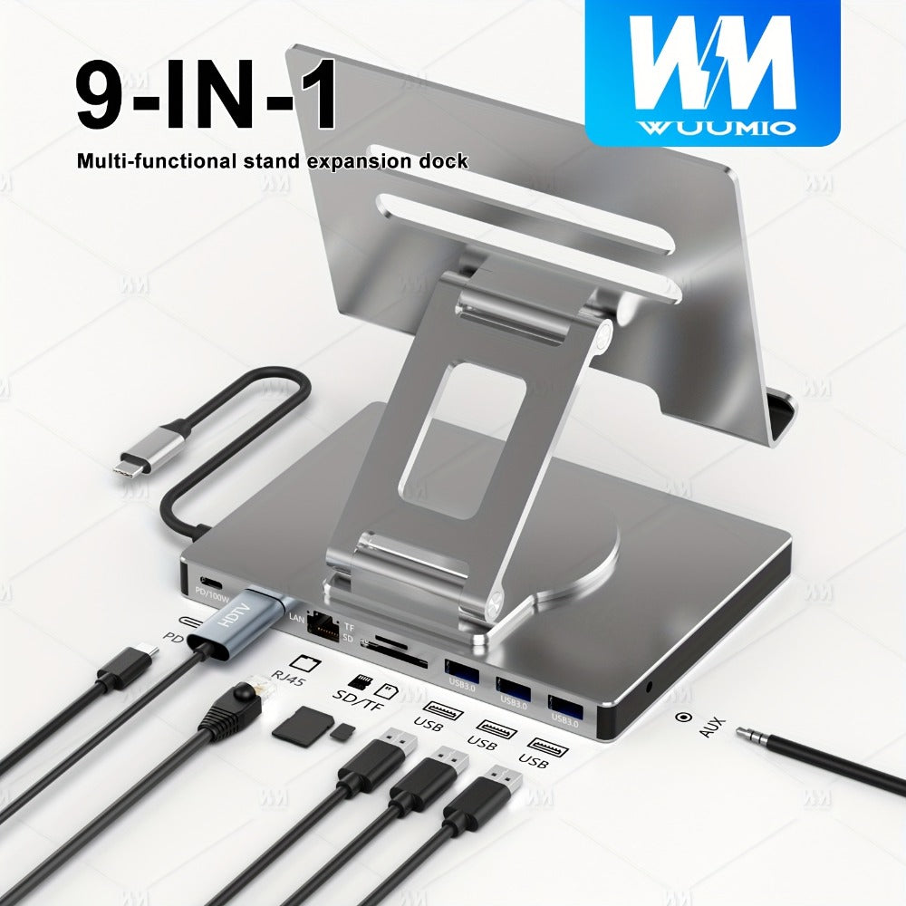 iPad Phone Rotating Stand Docking Station, 4K 60Hz HDMI, Gigabit Ethernet, 100W PD, USB 3.0 Hub, SD/TF Card Reader