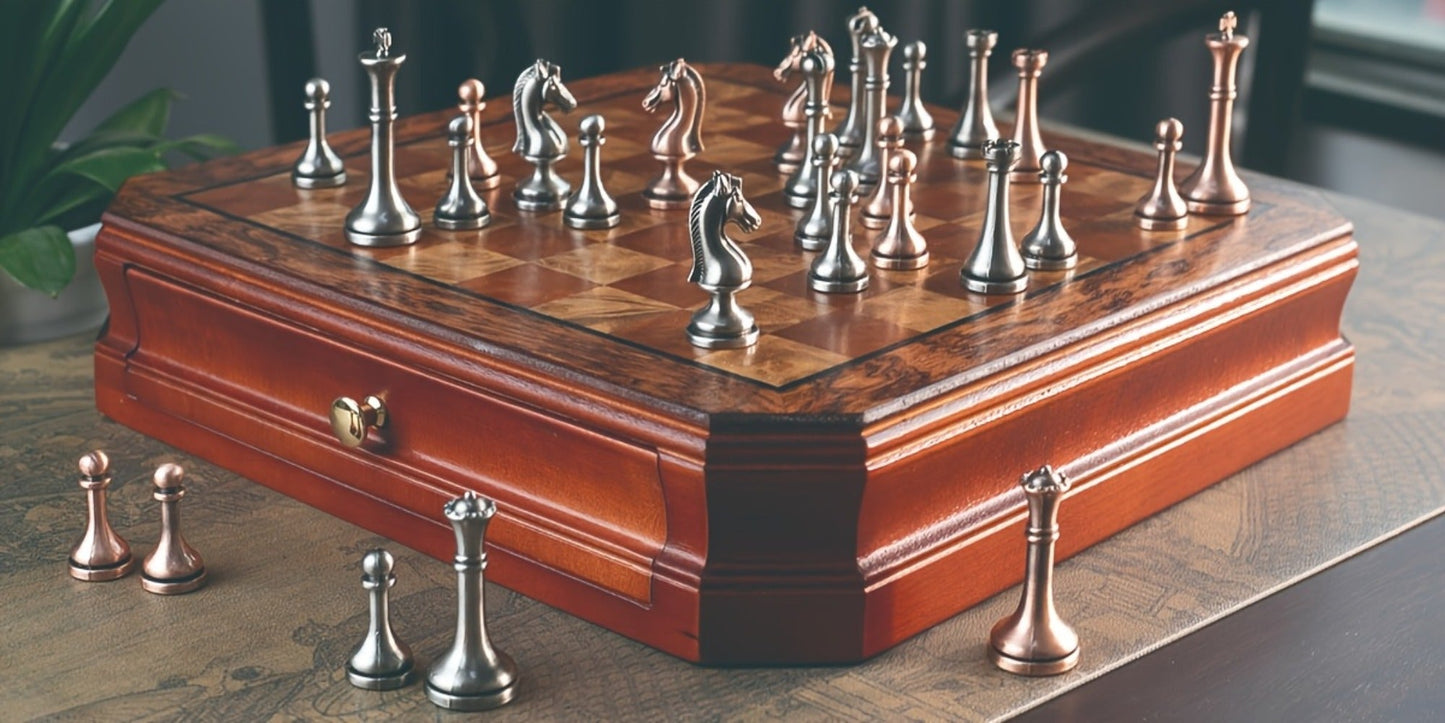 12-Inch Wooden-Style Chess Set with Metal-Finish Pieces, Two Storage Drawers and Two Extra Queens for Adults