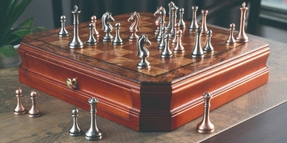 12-Inch Wooden-Style Chess Set with Metal-Finish Pieces, Two Storage Drawers and Two Extra Queens for Adults