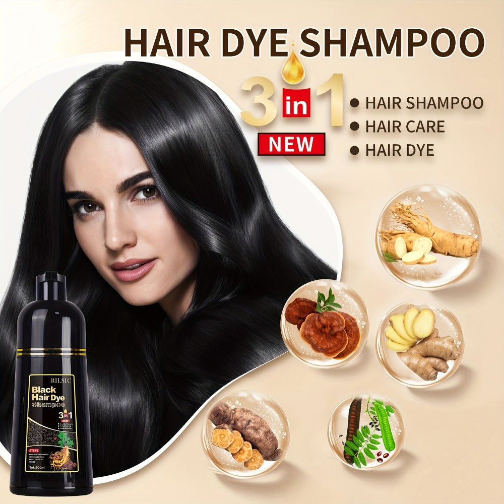 Hair Color Shampoo, RILSIC 3-in-1 500ml Pump Bottle with Black, Brown, Chestnut and Dark Brown Options