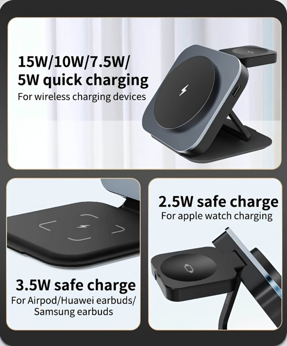 Wireless Charging Station, T11 Foldable 3-in-1 15W Travel Pad in Black for iPhone, Apple Watch and AirPods