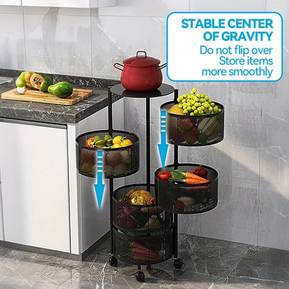 Round-Basket Rolling Storage Rack with Four or Five Mesh Levels, Caster Base and Black or White Finish