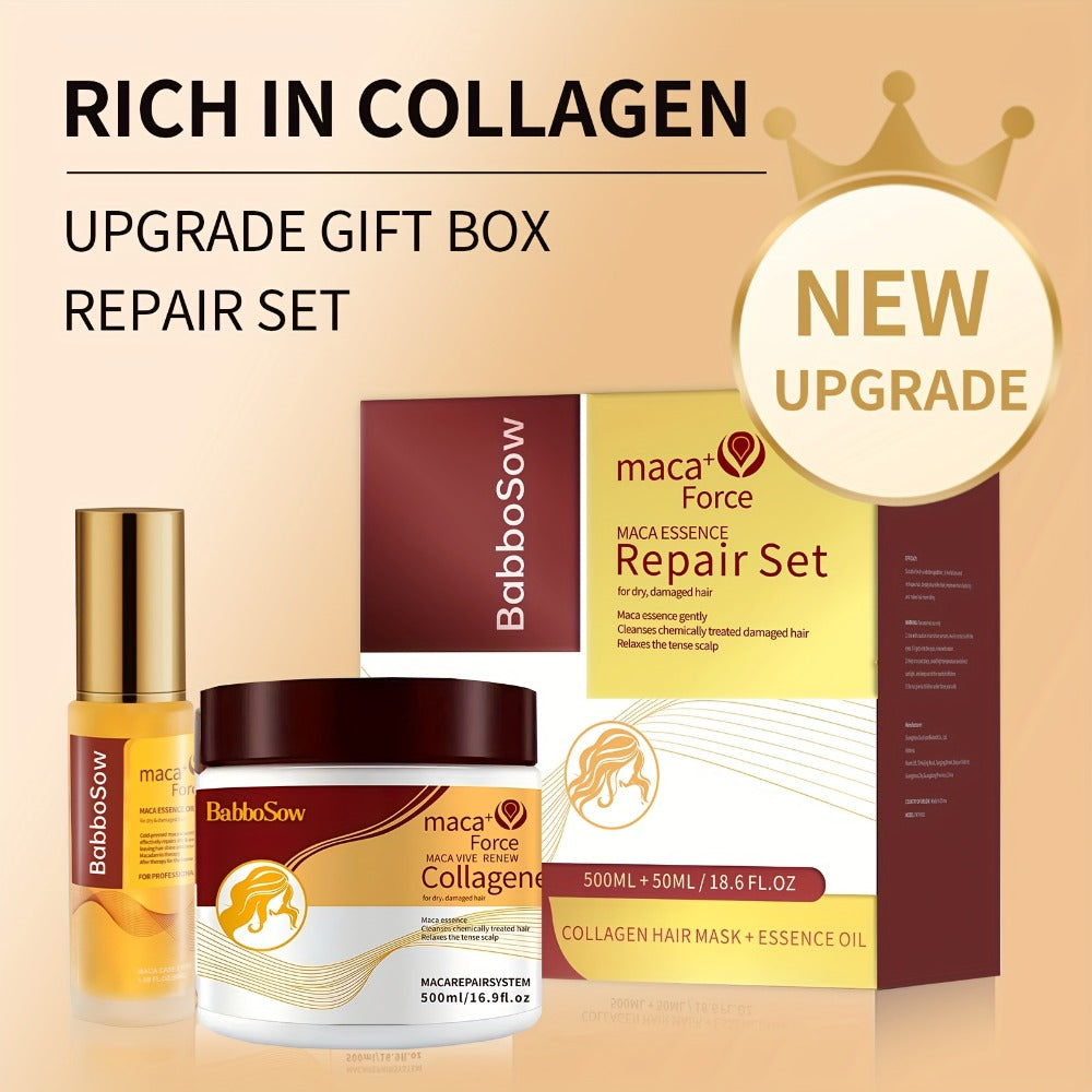 Argan Oil Collagen Hair Mask Set 500ml — Keratin Deep Conditioning Treatment, Repairs Damaged Dry Hair, Restores Shine & Strength, Maca Essence + Essential Oil, Gift for Women