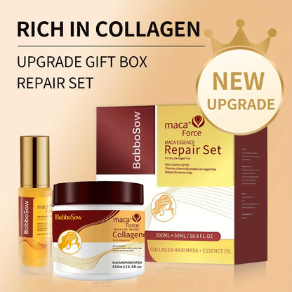 Argan Oil Collagen Hair Mask Set 500ml — Keratin Deep Conditioning Treatment, Repairs Damaged Dry Hair, Restores Shine & Strength, Maca Essence + Essential Oil, Gift for Women