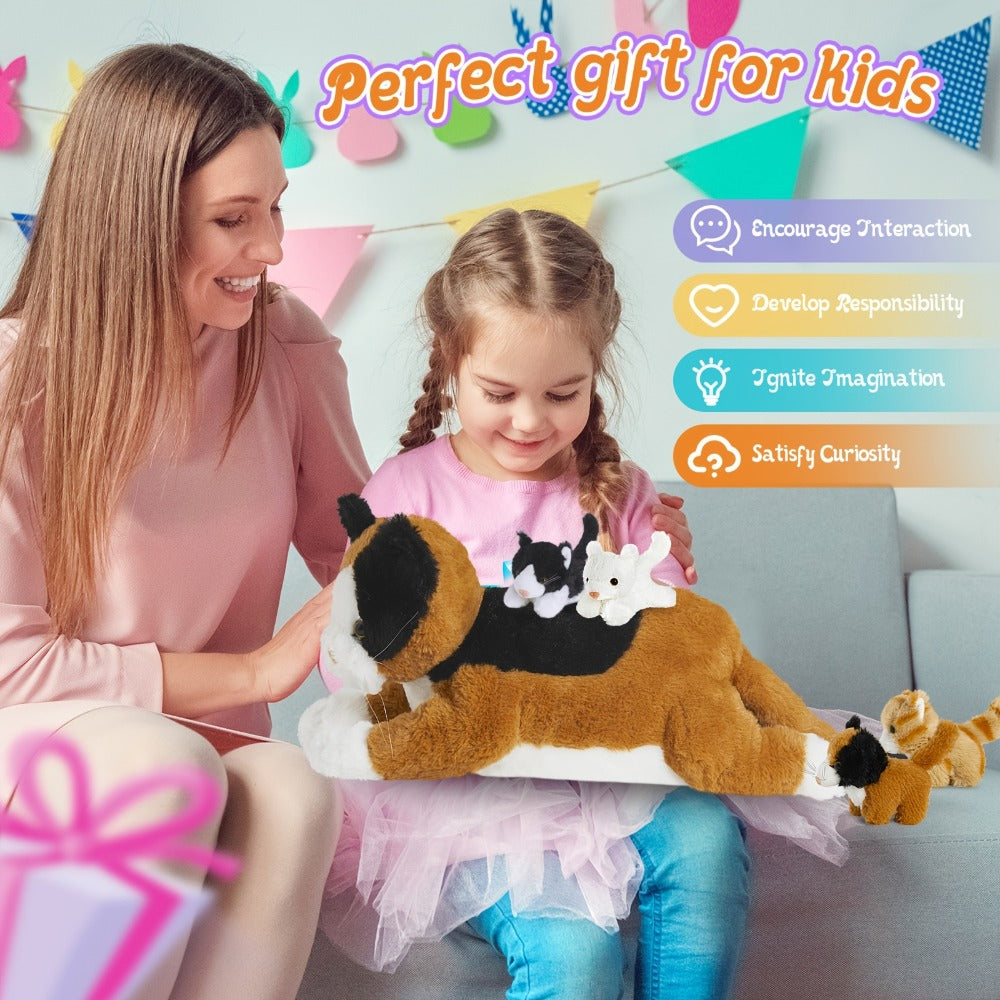 Stuffed Animal Mommy Cat Set with Four Baby Kittens, Five-Piece Family Design and Soft Fabric