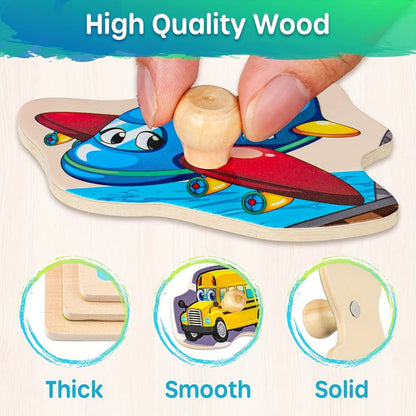 Six-Board Wooden Peg Puzzle Set with Metal Storage Rack and Scene or Animal Theme Checkout Options
