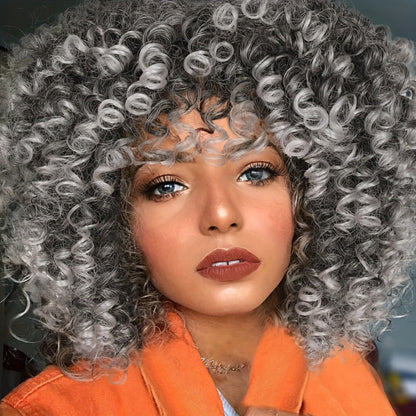 Afro Kinky Curly Wig for Black Women Short Synthetic Hair with Bangs 180% High Density Natural Fluffy Curls Stretch Cap Daily Wear Party Cosplay Fits All Head Sizes