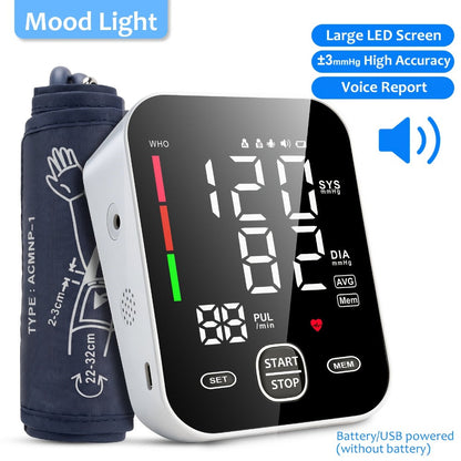 Blood Pressure Monitor by MOOD LIGHT, Upper-Arm LCD Device with Voice, Dual-User Memory and Adjustable Cuff