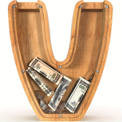 Wooden Alphabet Letter Coin Bank with Clear Front Panel and 23 Fixed Initial Options for Display