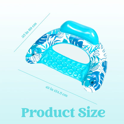 Leaf Print Inflatable Pool Chair Pair with Cup Holders, Blue and Pink 49 x 35 Inch Seats for Adult Lounging