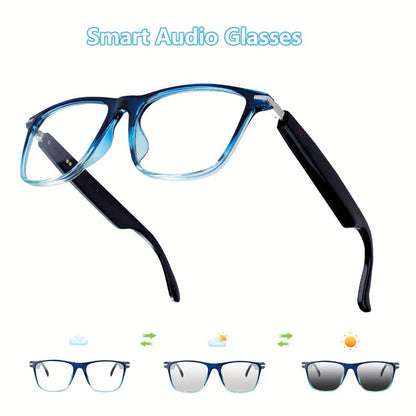 Bluetooth Smart Glasses with Photochromic Auto Dimming Lenses & Anti Blue Light – Wireless Built-in Speaker | Music & Hands-Free Calls | Magnetic Charging | Black White Gold Blue | Wearable Tech Gift
