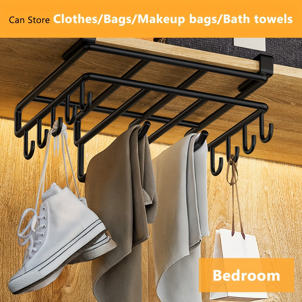 Under Cabinet Organizer Rack with Hooks – Heavy Duty Carbon Steel Kitchen Shelf for Utensils, Towels, Cups & Cutting Boards – No-Drill Door-Mount Space-Saving Kitchen Storage