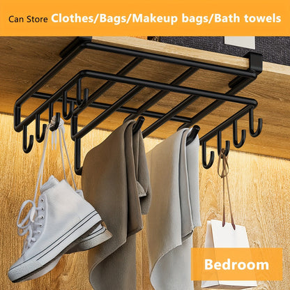 Under Cabinet Organizer Rack with Hooks – Heavy Duty Carbon Steel Kitchen Shelf for Utensils, Towels, Cups & Cutting Boards – No-Drill Door-Mount Space-Saving Kitchen Storage