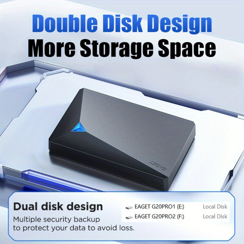 Dual-Disk 1TB Portable Hard Drive with USB 3.0 Interface, EAGET G20 Pro Black Enclosure and Type-C Diagram