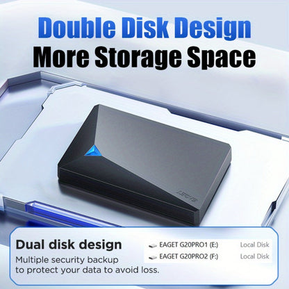 Dual-Disk 1TB Portable Hard Drive with USB 3.0 Interface, EAGET G20 Pro Black Enclosure and Type-C Diagram
