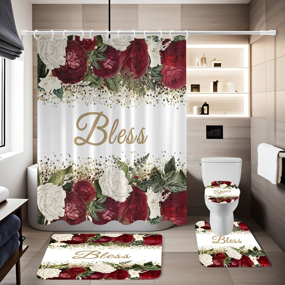 Four-Piece Rose and Bless Shower Curtain Set with Coordinated Mats, Lid Cover and Twelve White Hooks