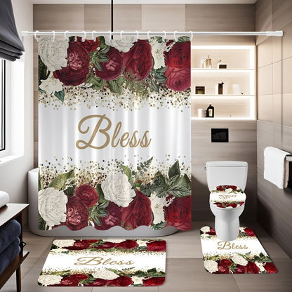 Four-Piece Rose and Bless Shower Curtain Set with Coordinated Mats, Lid Cover and Twelve White Hooks
