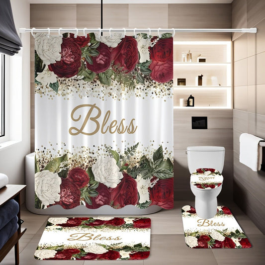 Rose Print Shower Curtain 4-Piece Bathroom Set – Toilet Lid Cover Mat Machine Washable with 12 Hooks Elegant Floral Decor
