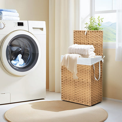 Woven Laundry Hamper with Hinged Lid, Removable Fabric Liner and Side Handles in Two Sizes and Brown or Gray