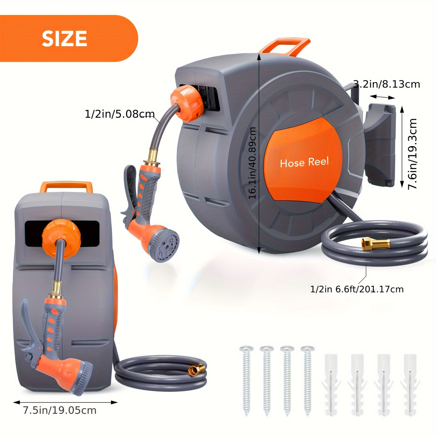 65-Foot Retractable Garden Hose Reel with 180° Swivel Wall Mount, Auto-Rewind and 9-Pattern Spray Nozzle