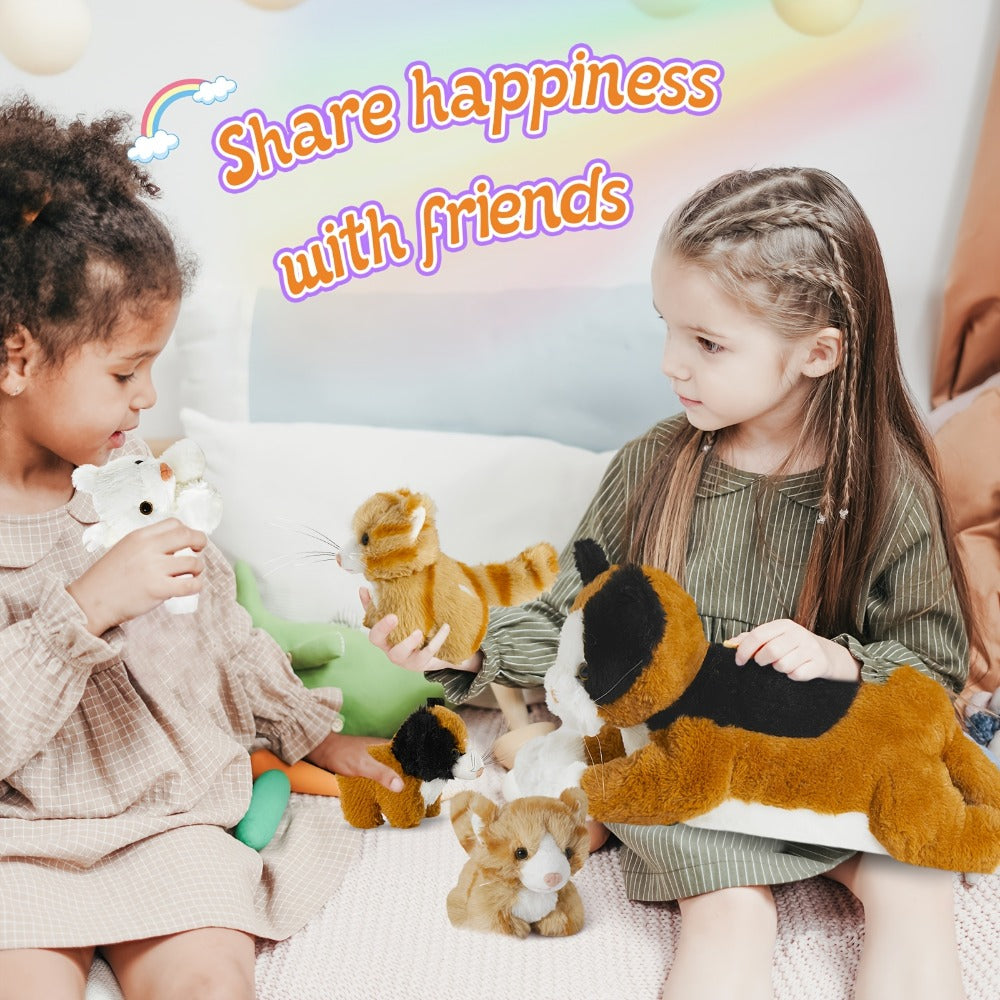 Stuffed Animal Mommy Cat Set with Four Baby Kittens, Five-Piece Family Design and Soft Fabric