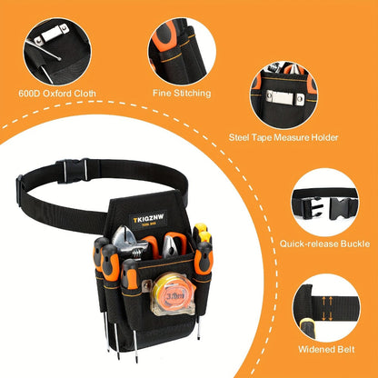 Seven-Pocket Tool Organizer Bag in Black with Open Compartments and Portable Carry Handles for Jobsite Storage