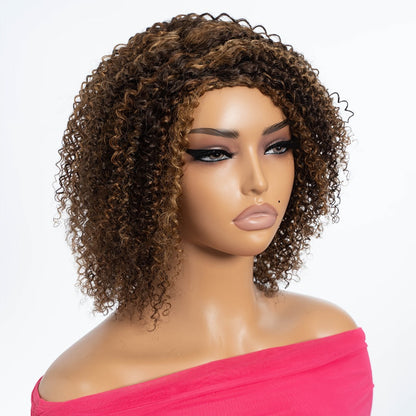 Jerry Curl Human Hair Wig with Bangs, 12-Inch Length and P4/30/27 or P1B/30 Highlight Options