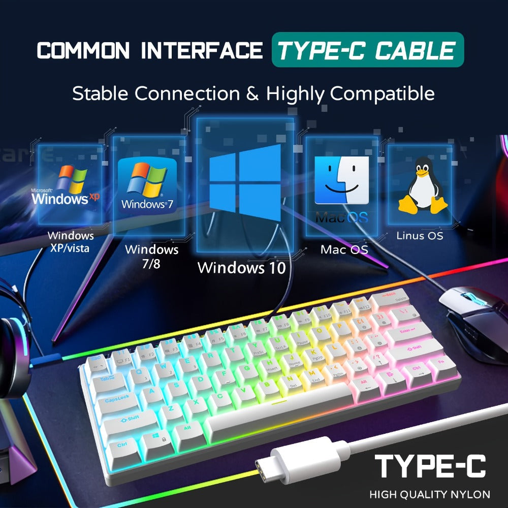 Blue Switch RGB Mechanical Keyboard 60% Layout – 61 Keys Ultra-Compact Wired Tenkeyless Design for PC, Laptop & Mac | Clicky Tactile Gaming & Typing Keyboard | Black & White Color Options