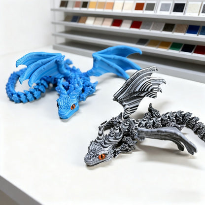 Articulated Black-and-White Swirl Dragon Figurine with Poseable Segments and Random Eye Color for Desktop Display
